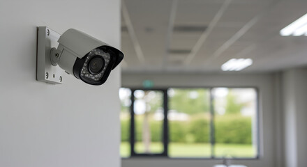 Security Camera Mounted on Wall in Modern Office Space with Natural Light and Green Outdoor View