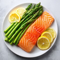 Pan-seared salmon fillet served with grilled asparagus and lemon wedges on a white plate