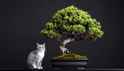 A gray cat poses beside a bonsai tree in a black pot against a dark background, giving a dramatic and elegant visual style.