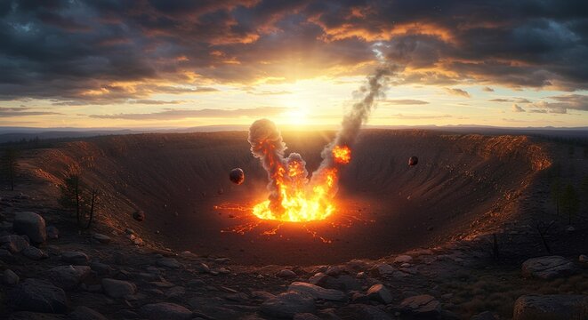 Inferno within a crater landscape featuring brimstone and vibrant sunrise colors
