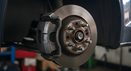 Close-Up of a Vehicle Brake System with Disc and Caliper in an Automotive Workshop