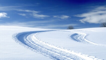 Obraz premium Curving tracks cut through a snowy field under a bright blue sky with scattered clouds, distant trees on the horizon