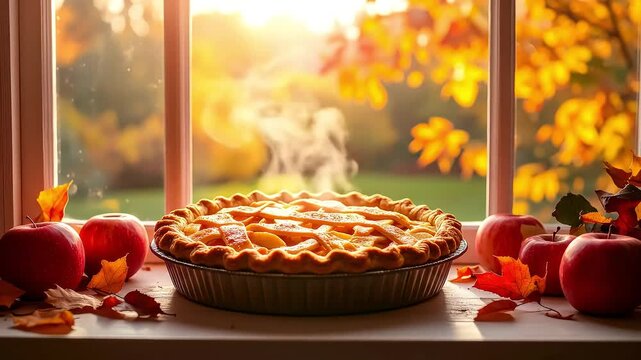 Delicious Apple Pie with Fresh Apples and Autumn Leaves Against Window View
