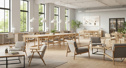 "bright co-working space with natural light, wooden furniture, large windows, calm and clean design, no people"
