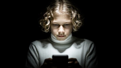Young person looking at a smartphone in the dark, light from the screen illuminating their face. They are wearing a white turtleneck sweater