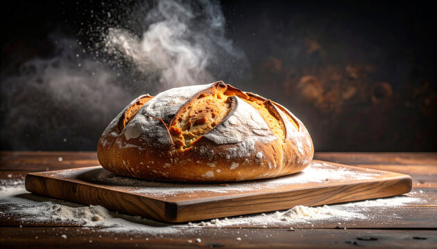 A single loaf of artisan bread on cutting board with flour dust