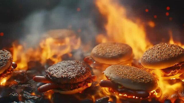 Burning desire: Sizzling hot dogs and burgers grilling over intense flames video