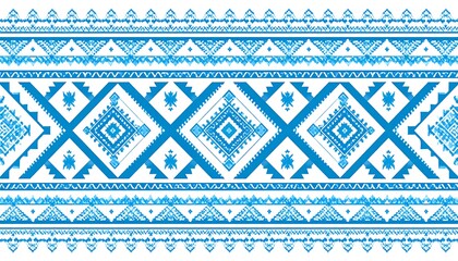 Intricate blue and white textile design with geometric patterns and tribal motifs for fashion