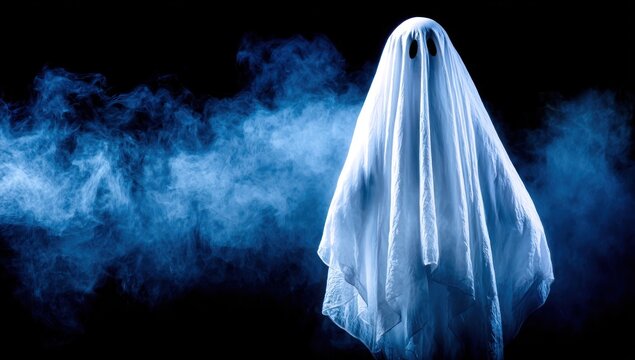 Ethereal Entity. A shrouded figure, seemingly a ghost, stands amidst swirling blue mist against a black backdrop. The form's facial features are hinted at through dark, hollow eye sockets