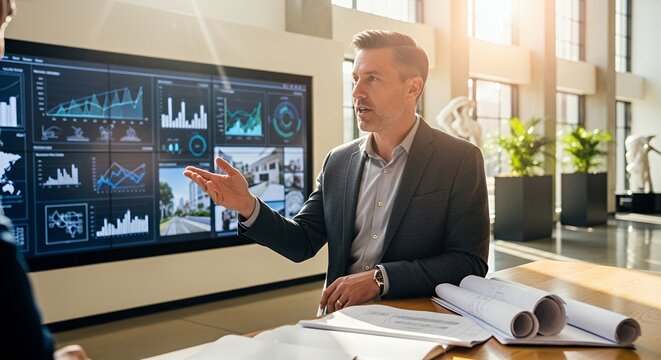 A businessman confidently presents a project proposal, using a large screen displaying relevant data and charts to a colleague.