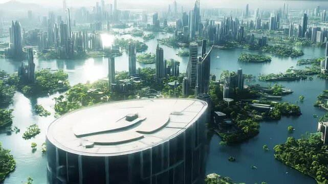 Futuristic Green Metropolis Aerial View with Lush Islands and Modern Architecture