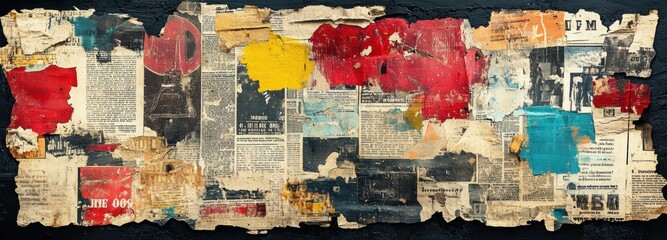 Layered newspaper clippings create a vintage-style banner, showcasing a mix of colors and textures. The artwork highlights history and nostalgia through its dynamic composition