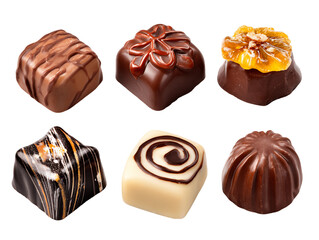 Obraz premium Six Gourmet Chocolate Candies: Brown, White, and Dark Chocolate Squares and Domes, PNG