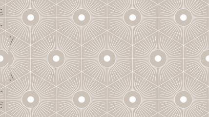 Repeating hexagon pattern with central circles and radiating lines on a beige background surface art