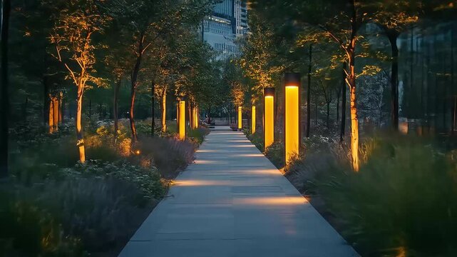 Illuminated Pathway at Night: Serene Walkway with Modern Lighting Design