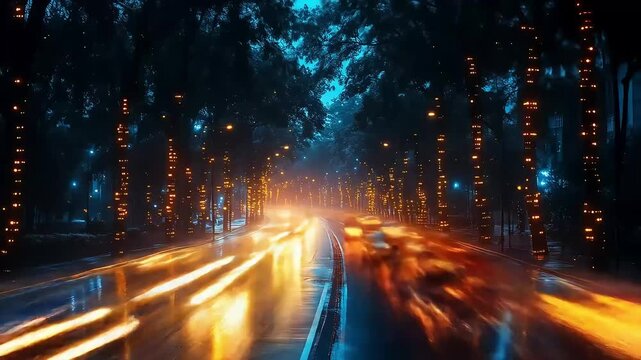 Night Drive: Captivating Timelapse of Cars Speeding on a Wet Road Decorated with Lights