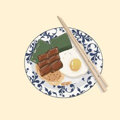 Asian breakfast illustration with egg rice and snacks on blue plate