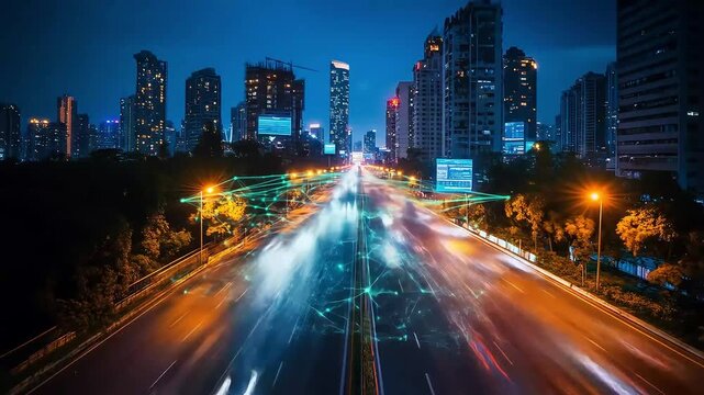 Night city highway lights trails with connected network, long exposure