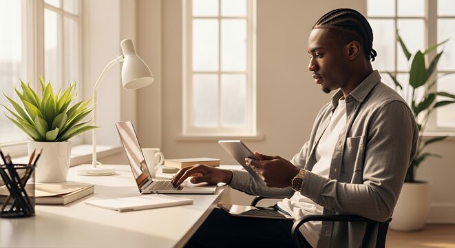 A focused young man works remotely from home, using a laptop and tablet, bathed in natural light from a large window.