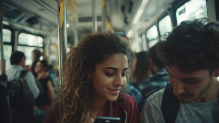 Young couple using smartphone on bus during commute home