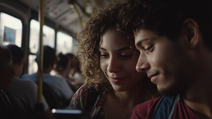 Young couple using smartphone on bus during commute home
