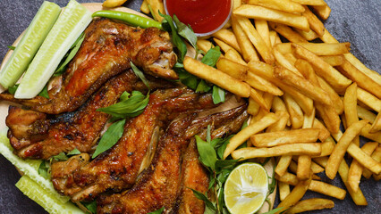 Delicious grilled chicken wings served alongside crispy french fries, fresh cucumber slices, vibrant herbs, zesty tomato sauce, and a wedge of lime on a rustic wooden tray