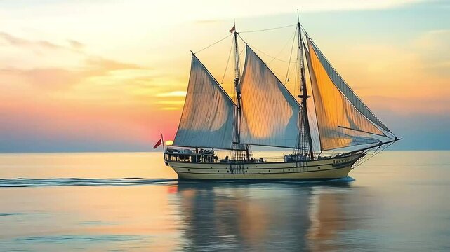 Sailing into the Sunset: A Majestic Tall Ship Gliding on Calm Waters