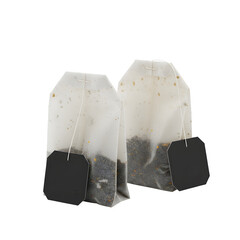 Two Used Tea Bags with Stained Paper and Black Tags – Isolated on White or Transparent Background