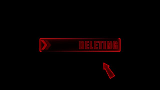 Glowing Black Delete Button Design with Bold White 'DELETING' Text, Green Direction Arrow, and Neon Pink Cursor &mdash; Futuristic UI Element for Tech Interfaces or Digital Commands