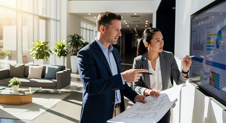 Two professionals collaborate on a project, reviewing blueprints and data displayed on a large screen in a modern .
