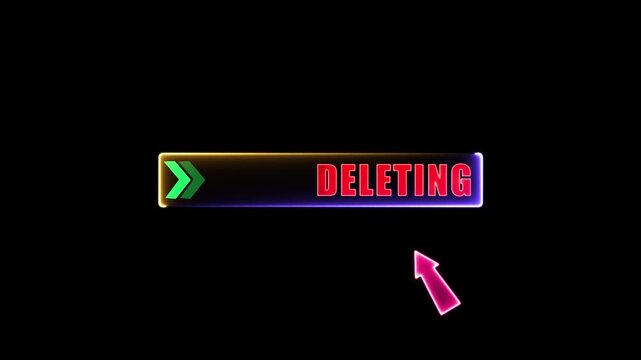 Glowing Black Delete Button Design with Bold White 'DELETING' Text, Green Direction Arrow, and Neon Pink Cursor &mdash; Futuristic UI Element for Tech Interfaces or Digital Commands