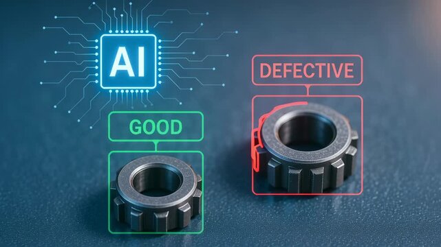AI technology quality control manufacturing processes inspects mechanical parts and identifies good and defective metal gear parts ensuring precision