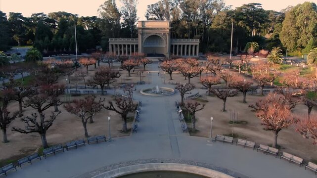Golden Gate Park's Music Concourse in San Francisco, USA. Shows the park's layout, fountains, trees, and the Spreckels Temple of Music.
