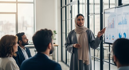 A businesswoman in a hijab confidently presents a financial report to a diverse team during a productive meeting.