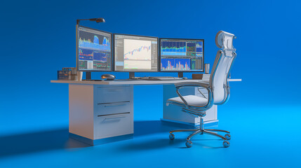 Stock market trader workplace showing growing charts on multiple computer screens