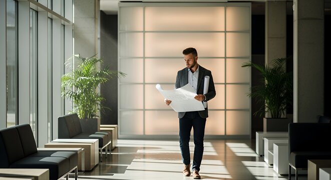 A young professional man reviews architectural blueprints in a modern building's sunlit lobby.