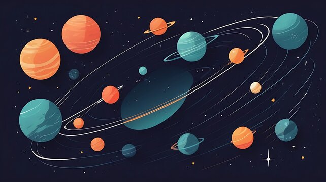 Abstract space-inspired flat illustration with planets and stars, vector look
