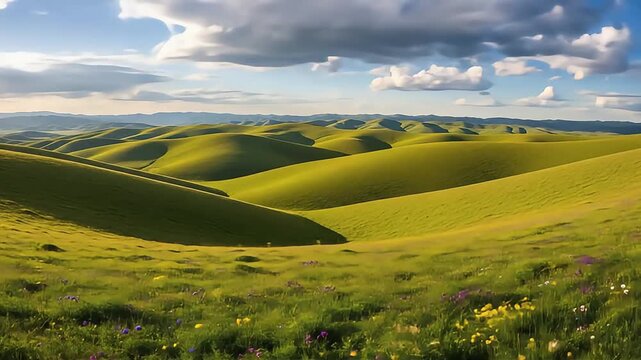 Scenic rolling green hills under a cloudy blue sky, showcasing serene natural landscape with lush