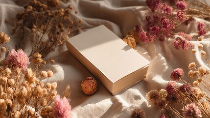 Blank Book Cover Surrounded by Dried Flowers on Wrinkled Fabric, Romantic Still Life