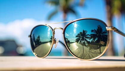 Stylish sunglasses reflect a tropical beach scene with palm trees and blue sky