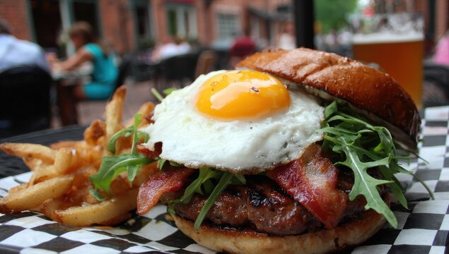 Elevated burger topped with a fried egg and arugula, served with fries. The backdrop suggests a relaxed outdoor dining scene