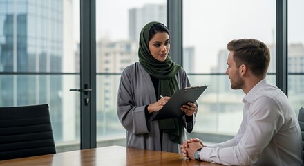 A businesswoman in traditional attire attentively discusses a document with a male colleague in a modern setting.