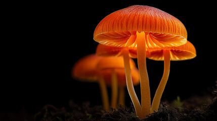 Fototapeta premium Glowing orange mushrooms growing in dark forest floor