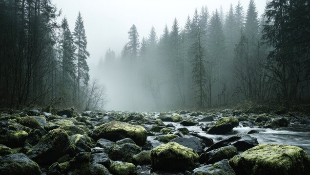 Moody river scene with mossy rocks in foreground, flowing water, and misty forest. Tall trees fade into fog, creating a sense of depth and mystery. Overcast sky