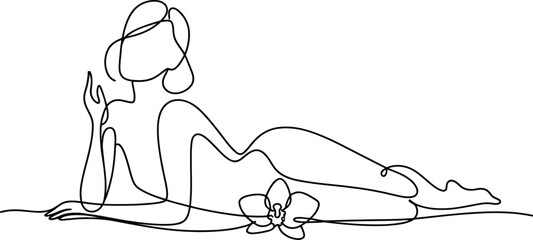 Elegant single line drawing of a woman reclining with her baby