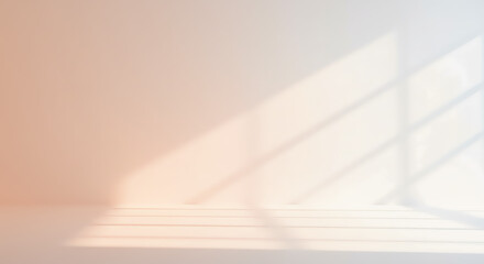 Abstract minimalist empty room with natural sunlight casting window shadows on the wall. Peaceful interior background concept.