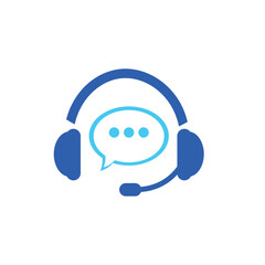 Blue headset icon with a speech bubble, symbolizing live chat, customer support, online help, and seamless digital communication services