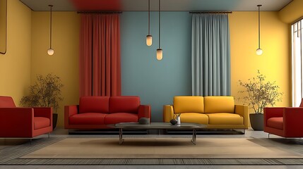 Modern living room with vibrant colored walls, matching sofas, armchairs, and a sleek coffee table