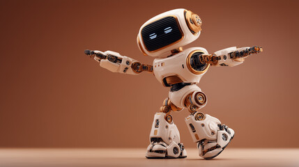White and gold robot dancing on brown background