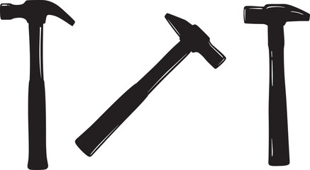 Three Hammer Tools in Different Positions Black Silhouette on White Background silhouette